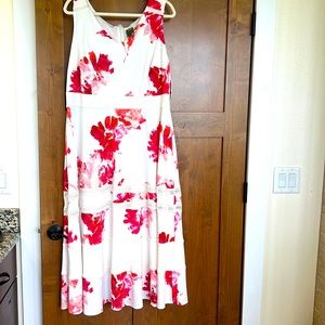 Ivory sun dress with pink/red/coral floral print. Crochet detailing.
